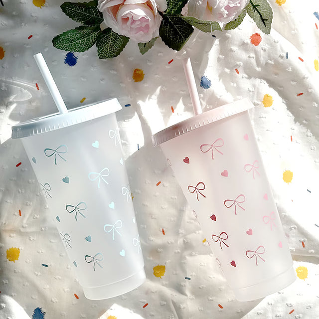 Cute 700ml Water Bottle with Straw Lid – Bow Design Aesthetic Tumbler
