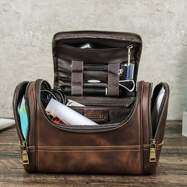 Crazy Horse Leather Business Travel Toiletry Bag for Men