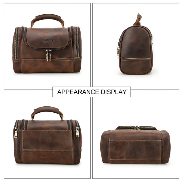 Crazy Horse Leather Business Travel Toiletry Bag for Men