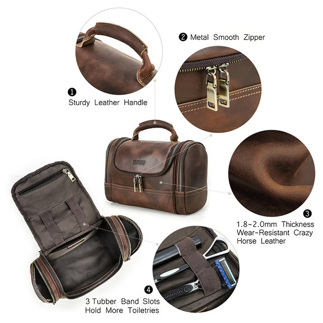 Crazy Horse Leather Business Travel Toiletry Bag for Men