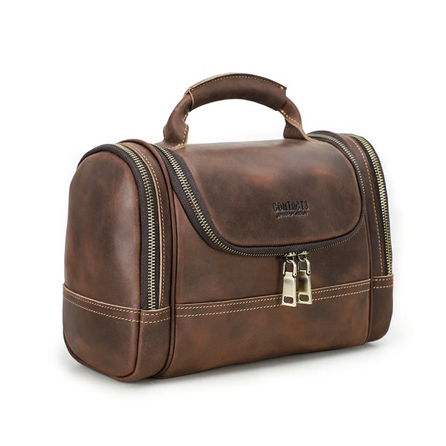Crazy Horse Leather Business Travel Toiletry Bag for Men