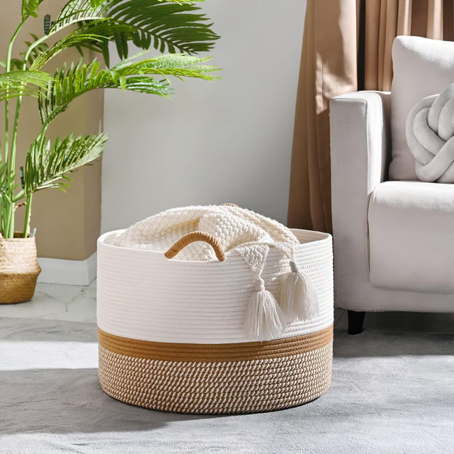 Cotton Rope Storage Basket for Blankets, Laundry, Toys and Home Organization