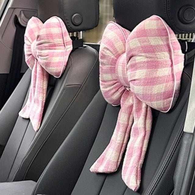 Pink Bowknot Car Headrest Neck Pillow – Soft Cushion for Comfortable Driving
