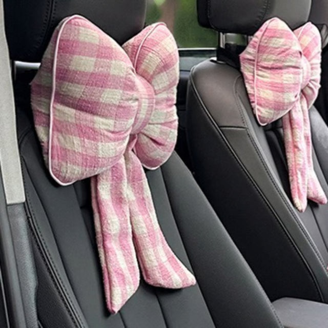 Pink Bowknot Car Headrest Neck Pillow – Soft Cushion for Comfortable Driving